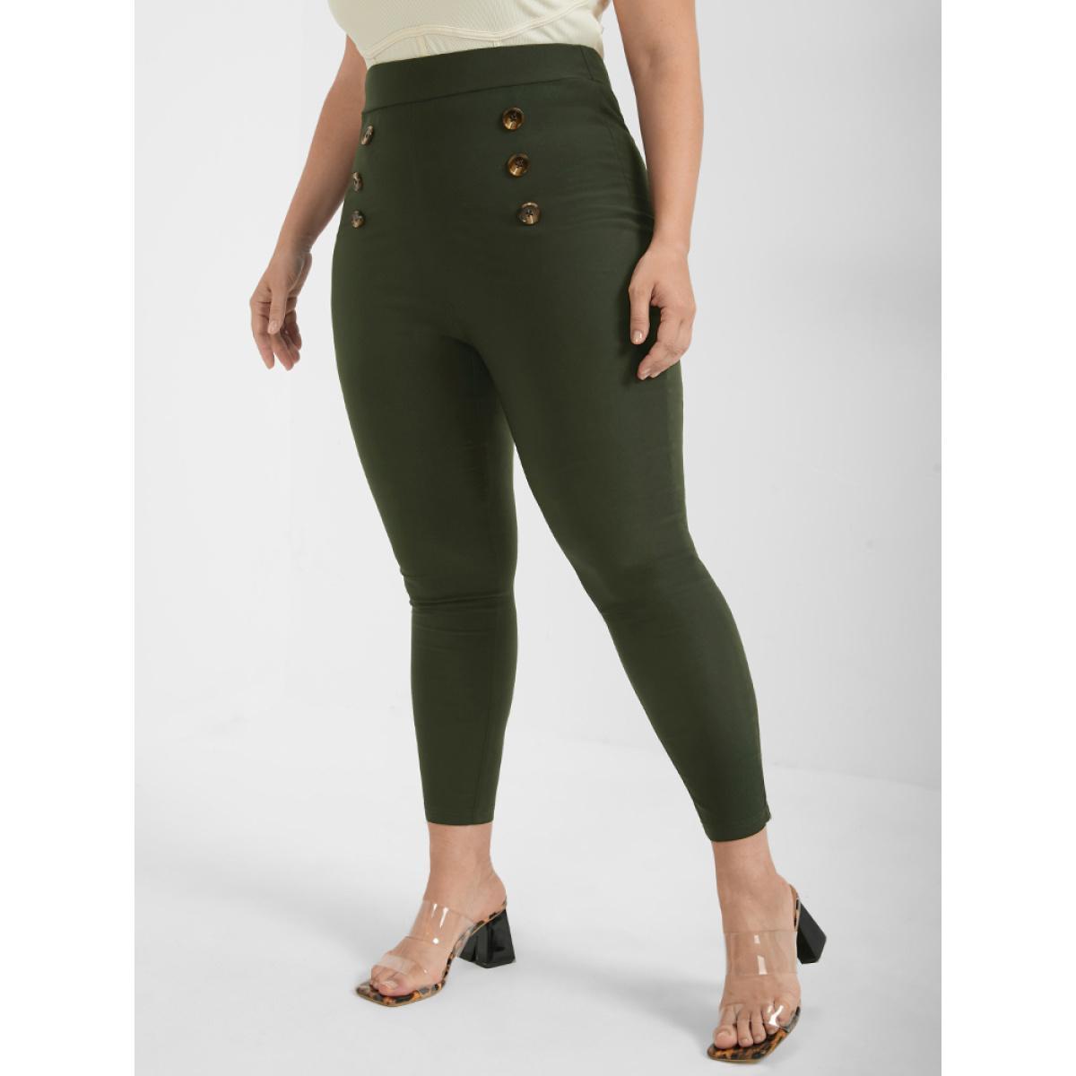 Plus Size Solid Button Skinny Pants Women ArmyGreen Office Skinny High Rise Work Pants BloomChic 14-16/1X Product Image