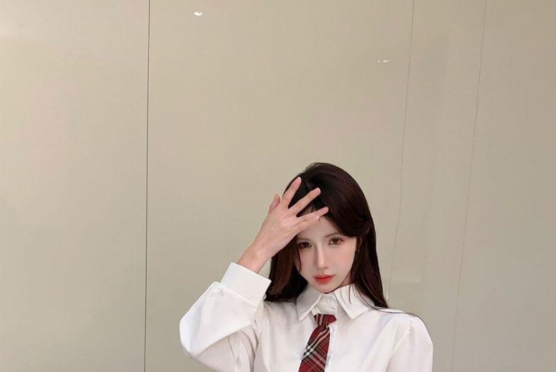 Long-Sleeve Plain Button-Up Crop Shirt / V-Neck Applique Striped Trim Sweater Vest / High Waist Plaid Mini A-Line Skort / Necktie / Set Product Image