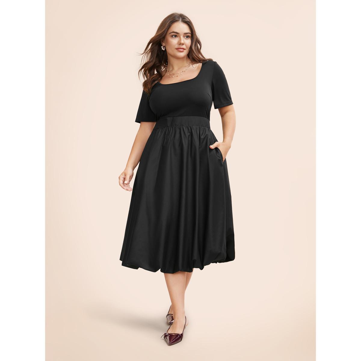 Plus Size Solid Shirred Bubble Hem Midi Dress Black Women Elegant Patchwork Square Neck Short sleeve Curvy BloomChic 10/M Product Image