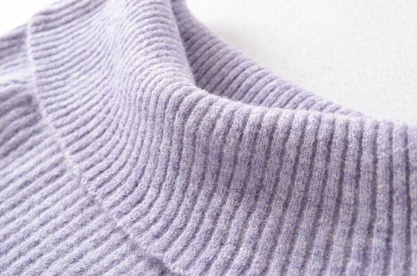 Off-Shoulder Long-Sleeve Plain Ribbed Knit Top Product Image