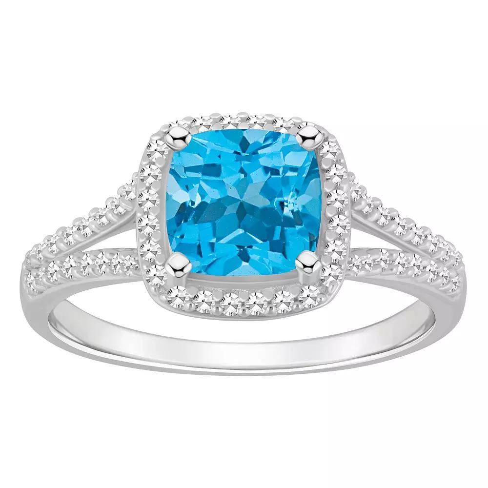 Celebration Gems Sterling Silver 7 mm Cushion Gemstone & 1/4 Carat T.W. Diamond Split Shank Ring, Women's, Size: 6, Blue Topaz Product Image