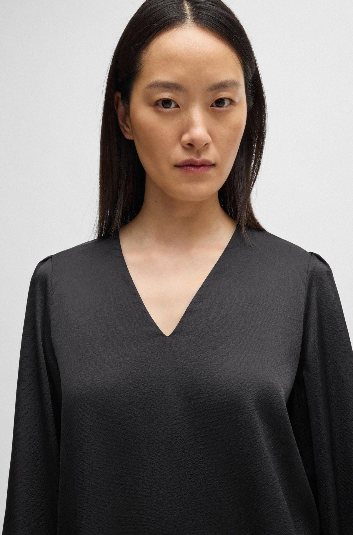 BOSS - Regular-fit blouse with V neckline in hammered satin - Black Product Image