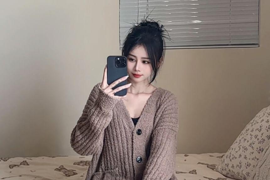 Pajama Set: V-Neck Plain Ribbed Cardigan + Straight Leg Pants Product Image