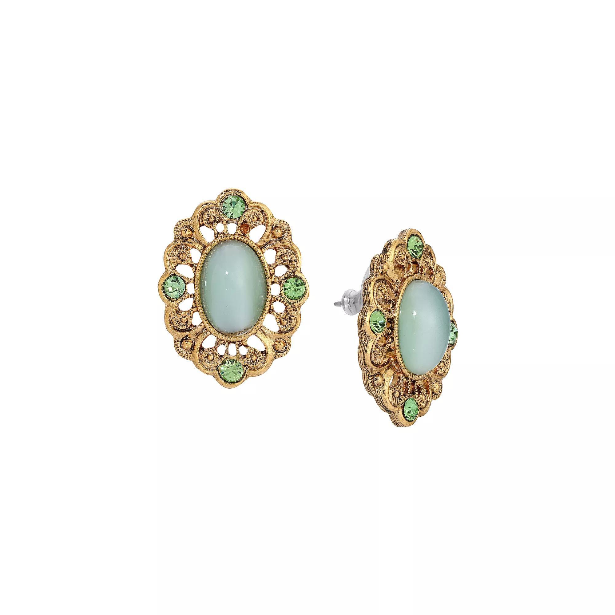 1928 Gold Tone Green Crystal Framed Oval Stud Earrings, Womens Product Image