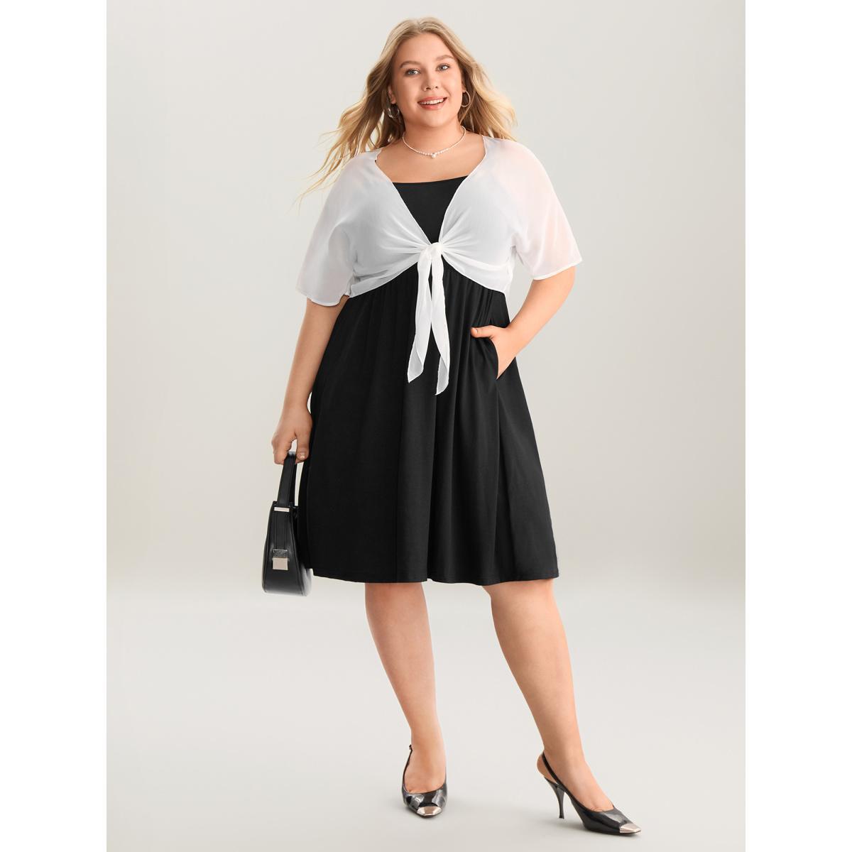 Plus Size Two-Piece Knotted Pockets Midi Dress Black Women Square Neck Short sleeve Curvy BloomChic 10/M Product Image