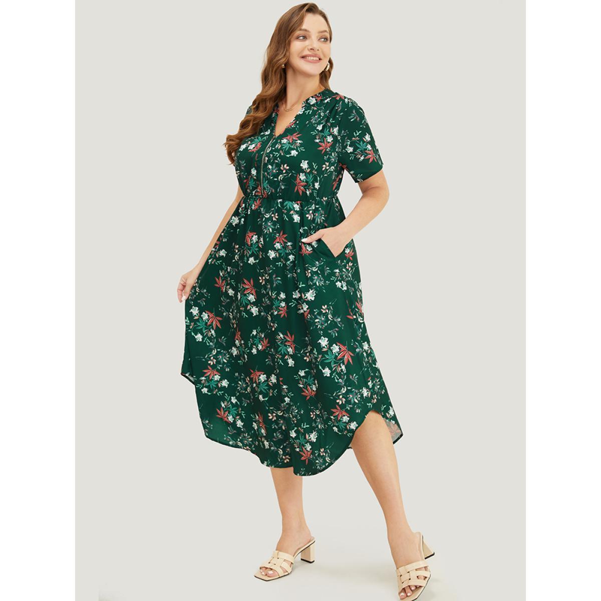 Plus Size Floral Ruffles Half Zipper Pocket Arc Hem Dress DarkGreen Women Elegant Zipper V-neck Short sleeve Curvy Midi Dress BloomChic 28/5X Product Image