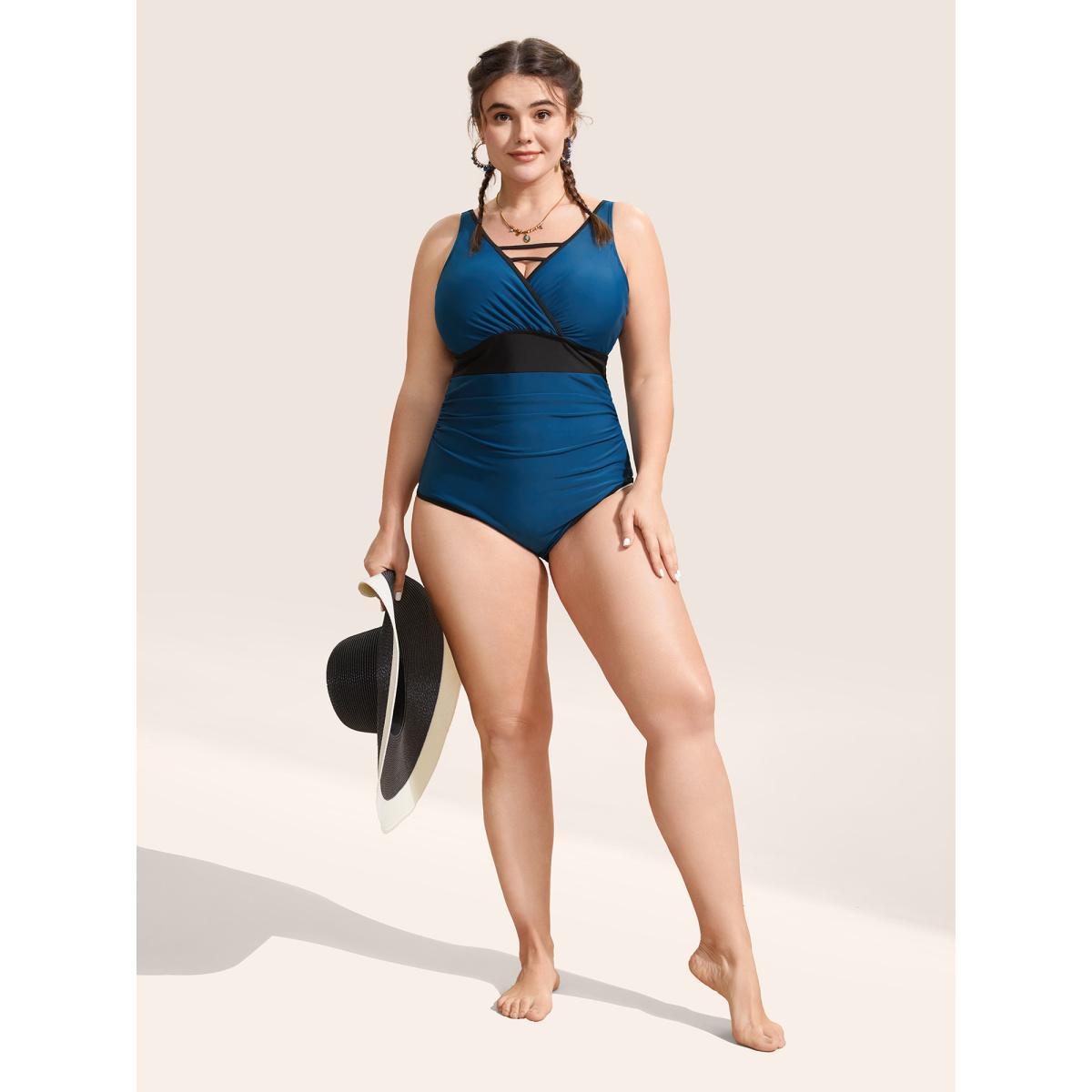 Plus Size Contrast Trim Keyhole Gathered One Piece Swimsuit Women's Swimwear Indigo Beach Gathered Curve Bathing Suits High stretch One Pieces BloomChic 10/M Product Image
