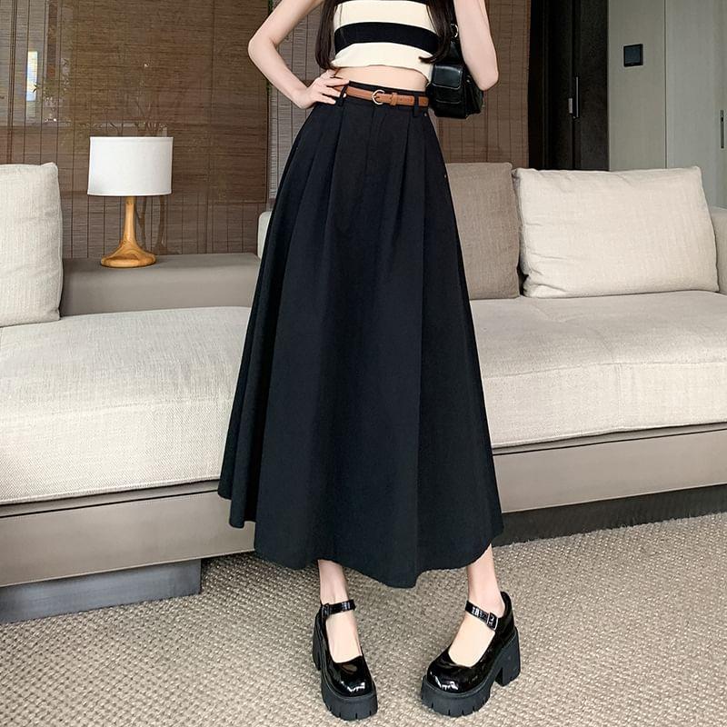 High Rise Plain Midi A-Line Skirt Product Image