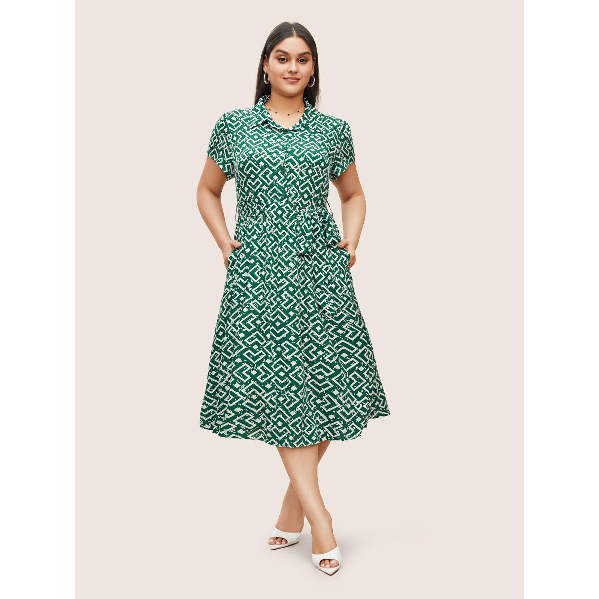 Plus Size Shirt Collar Geometric Button Up Belted Dress DarkGreen Women Work From Home Belted Shirt collar Cap Sleeve Curvy Midi Dress BloomChic 26/4X Product Image