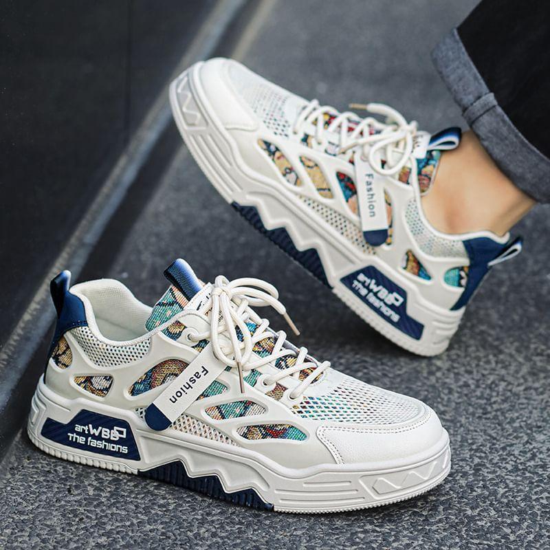 Platform Print Mesh Panel Lace-Up Sneakers Product Image