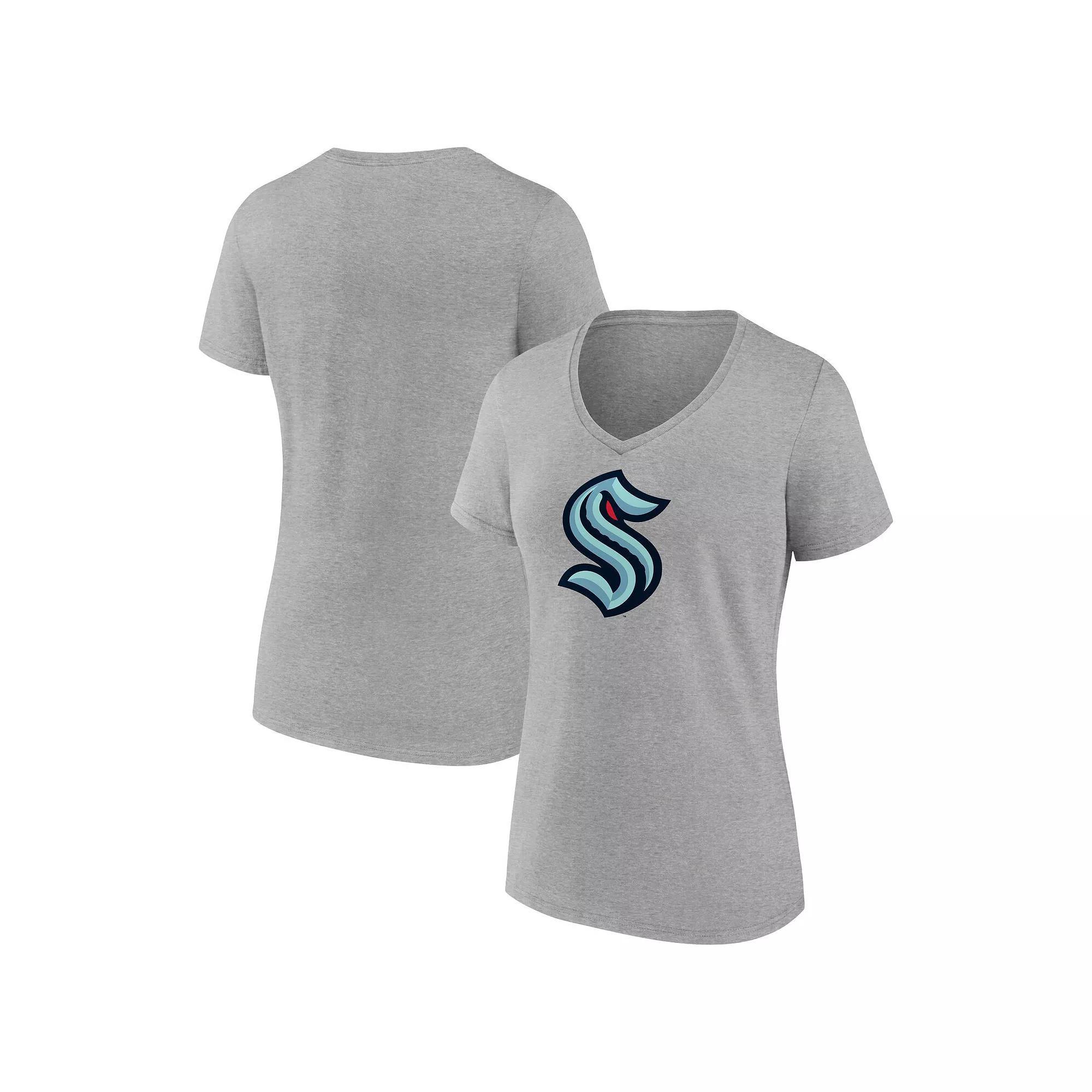 Women's Fanatics Heathered Gray Seattle Kraken Primary Logo Team V-Neck T-Shirt, Size: Small, Krk Grey Product Image