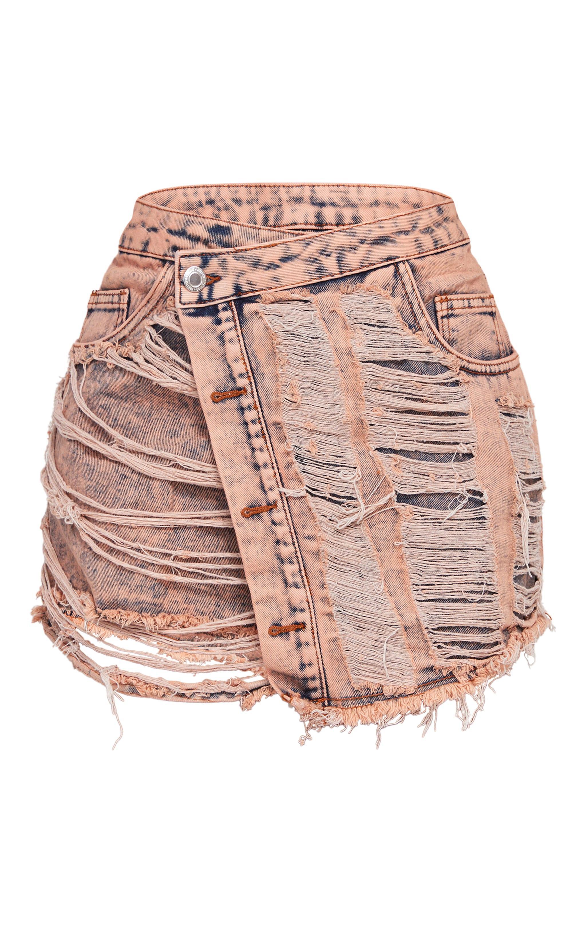 Pink Acid Wash Distressed Wrap Over Denim Skirt Product Image