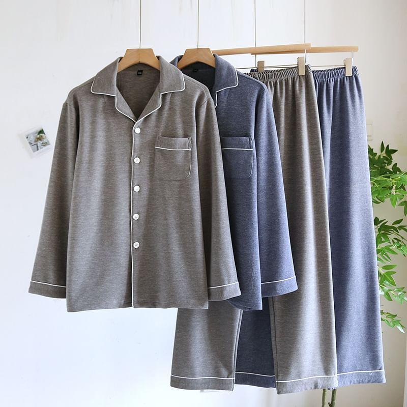 Pajama Set: Long Sleeve Collared Contrast Trim Shirt + Elastic Waist Straight Leg Pants Product Image