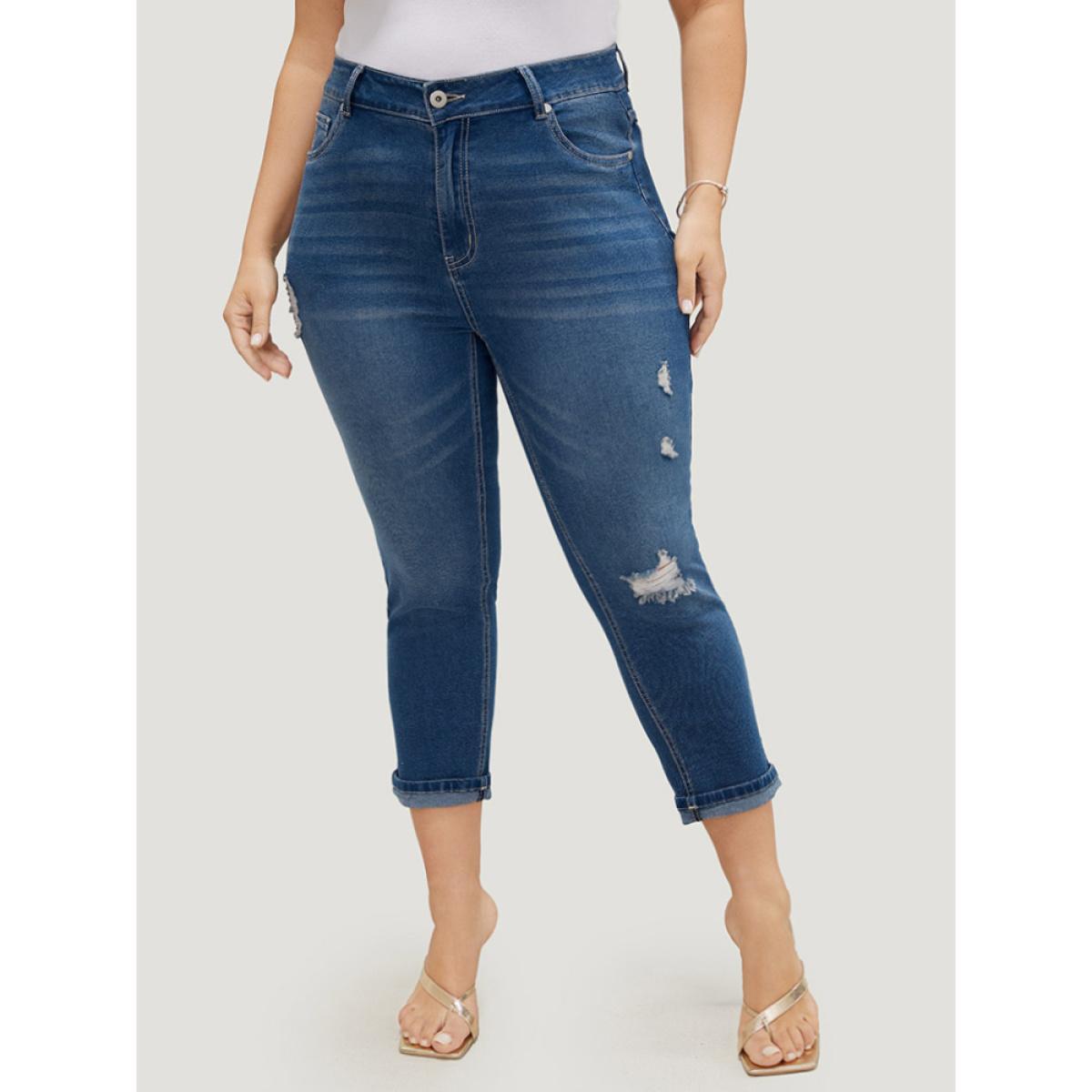Plus Size Very Stretchy High Rise Dark Wash Ripped Detail Cropped Jeans Women Blue Casual Plain High stretch Jeans BloomChic 14/1X Product Image