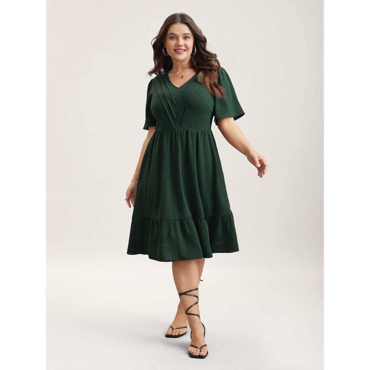 Plus Size Bib-Front V-Neck Pockets Tiered Midi Dress DarkGreen Women Elegant Tucked seam V-neck Short sleeve Curvy BloomChic 26/4X Product Image