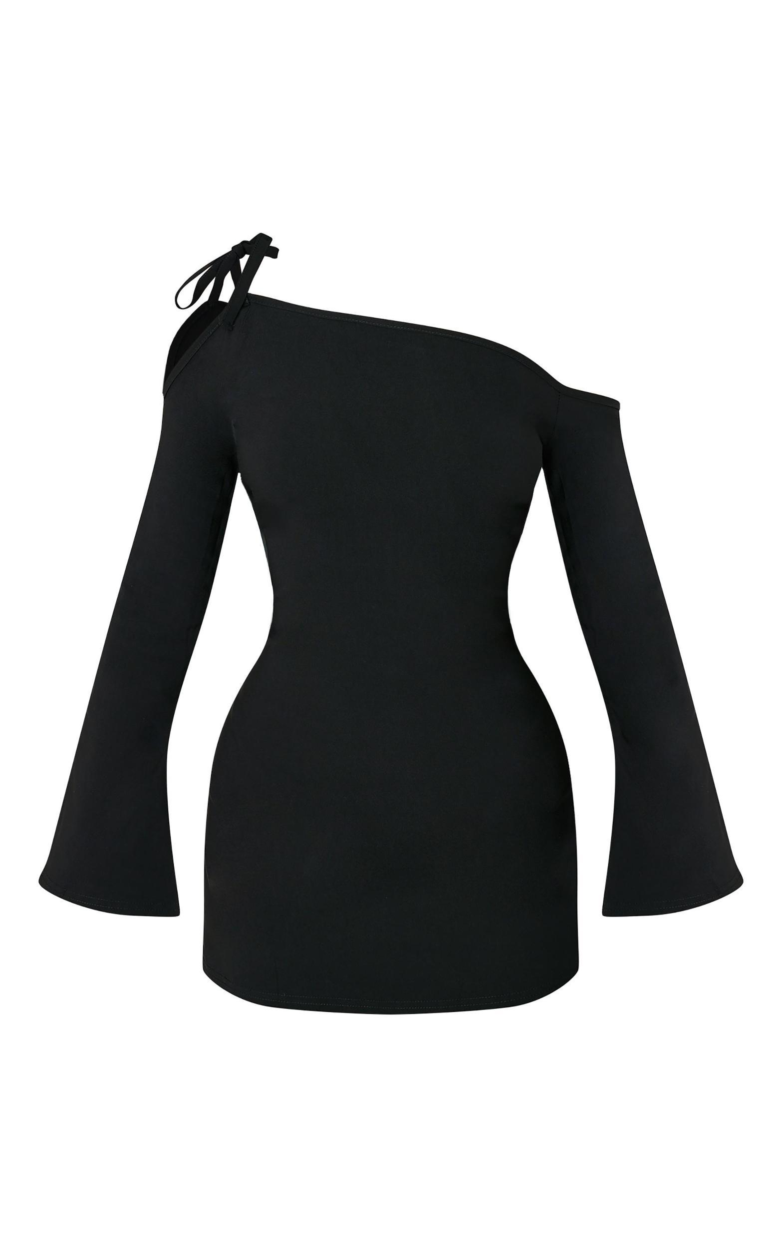 Petite Black Asymmetric One Shoulder Flared Sleeve Shift Dress Product Image