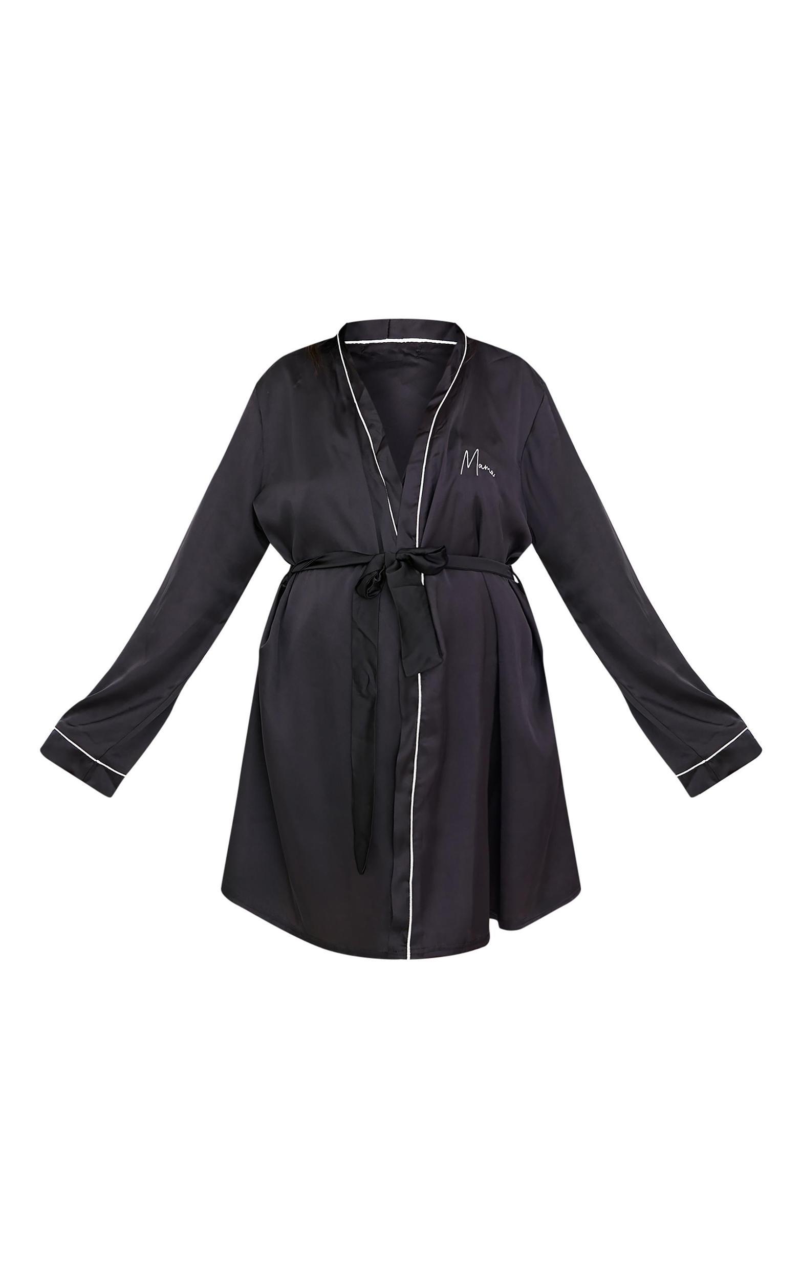 Maternity Black Embroidered Mama Satin Tie Waist Robe Product Image