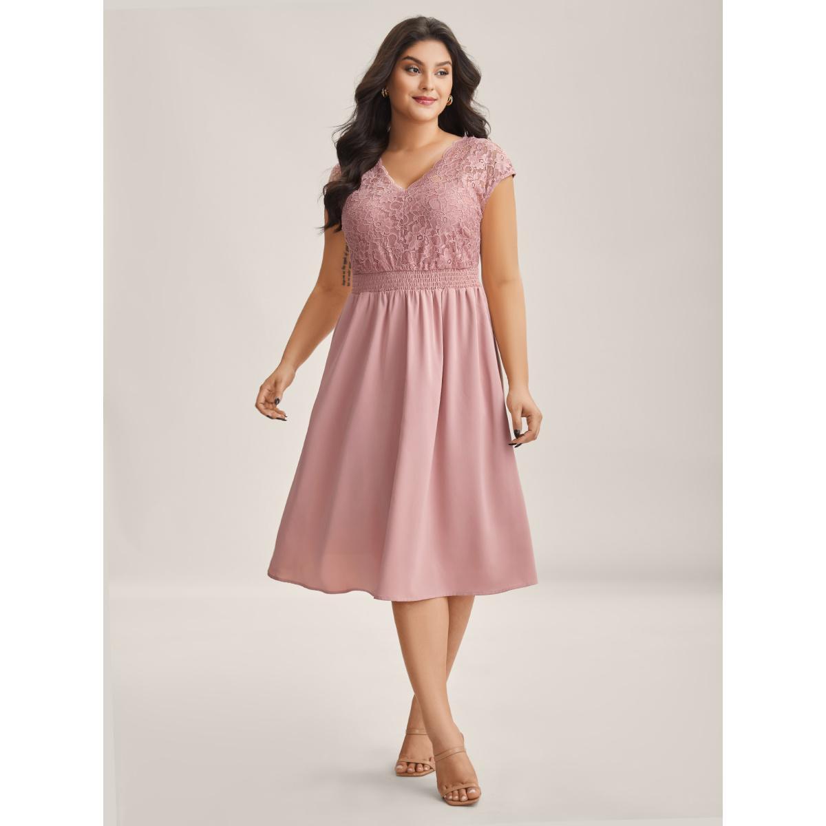 Plus Size Lace Sheer Stretchy Waist Solid Midi Dress Watermelon Women V-neck Short sleeve Curvy BloomChic 18-20/2X Product Image
