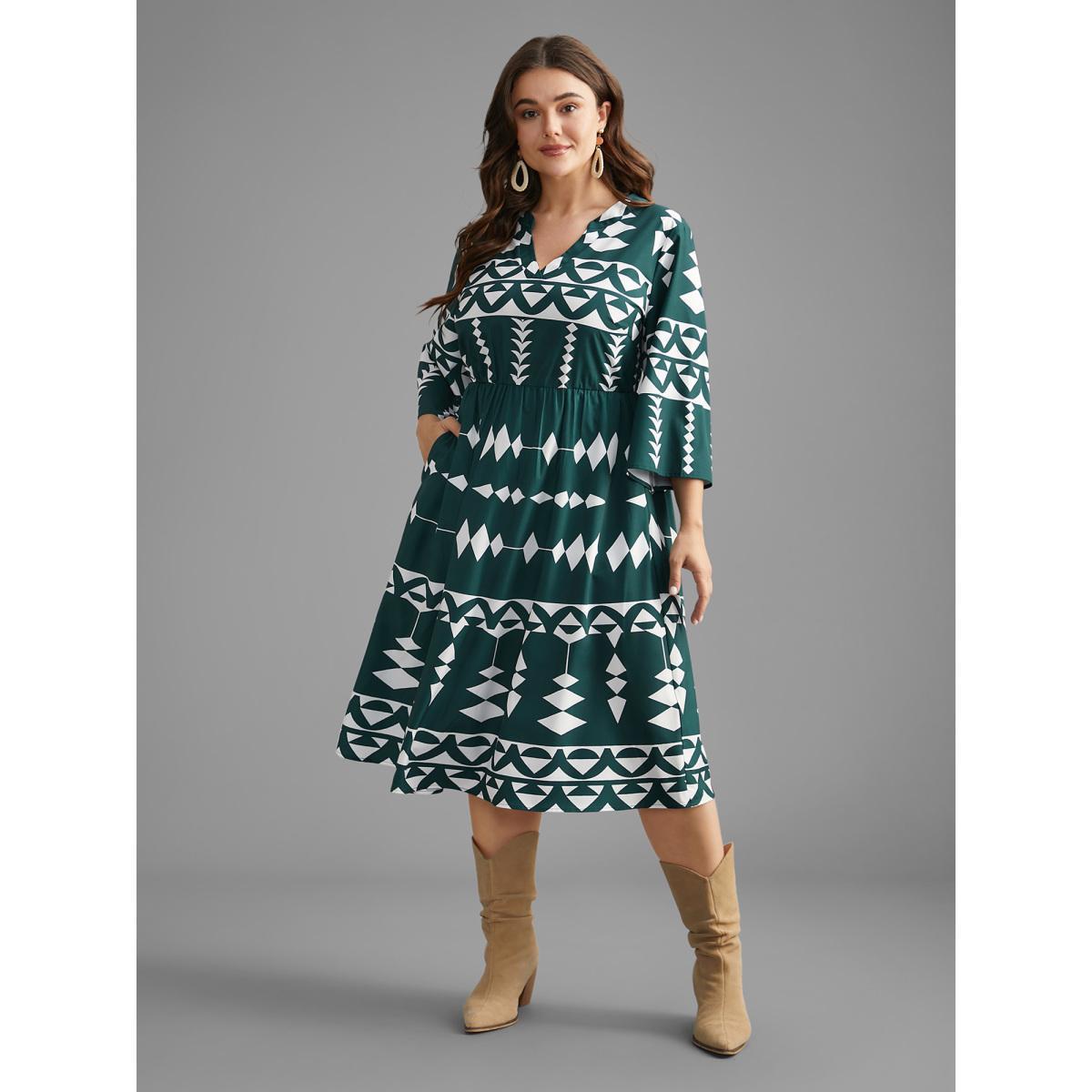 Plus Size Geometric Pattern Elastic Waist Midi Dress Cyan Women Resort Non Flat collar with V-notch Elbow-length sleeve Curvy BloomChic 18-20/2X Product Image