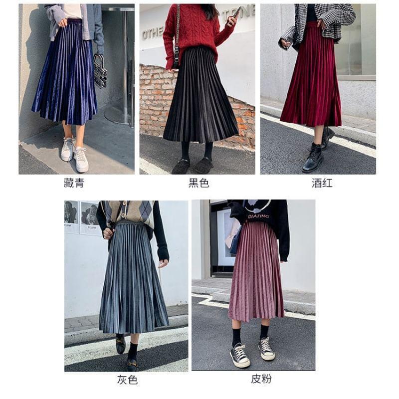 High Waist Plain Accordion Pleated Midi A-Line Skirt Product Image