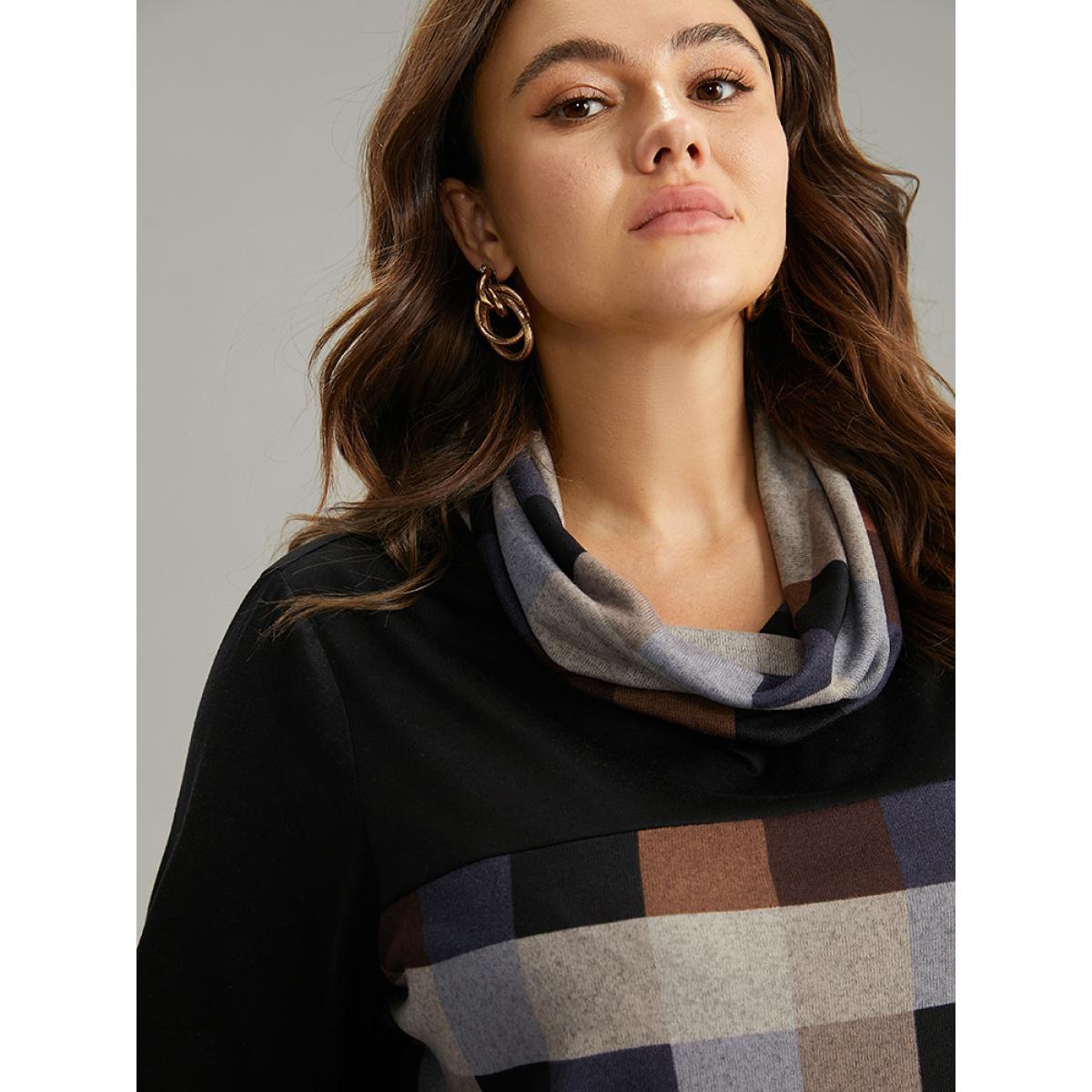 Plus Size Plaid Patchwork Contrast Cowl Neck T-shirt Black Women Casual Contrast Plaid Cowl Neck Dailywear T-shirts BloomChic 22-24/3X Product Image