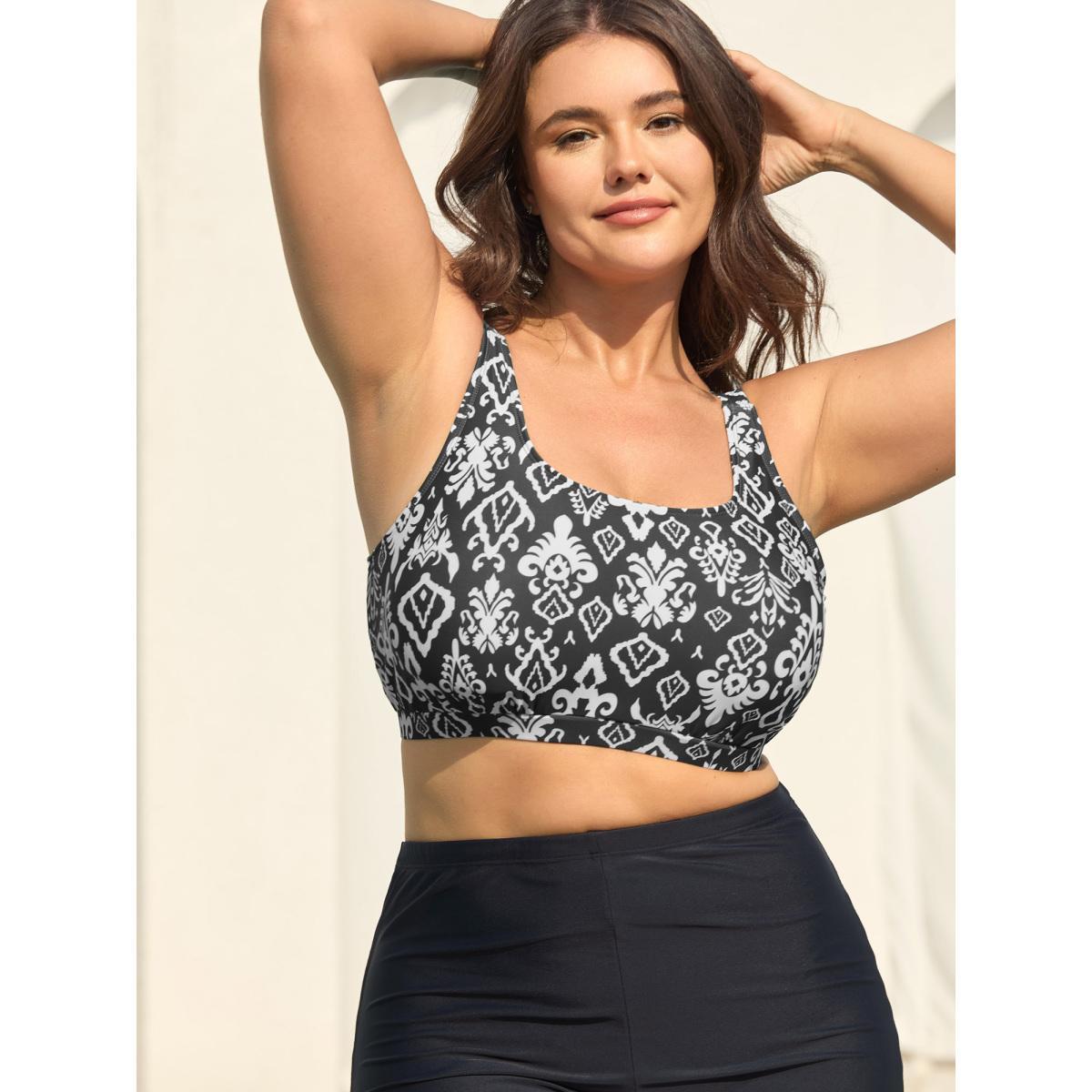Plus Size Two-Piece Boho Print Swim Top Women's Swimwear DarkGreen Beach Cut-Out High stretch Bodycon U-neck Curve Swim Tops BloomChic 22-24/3X Product Image