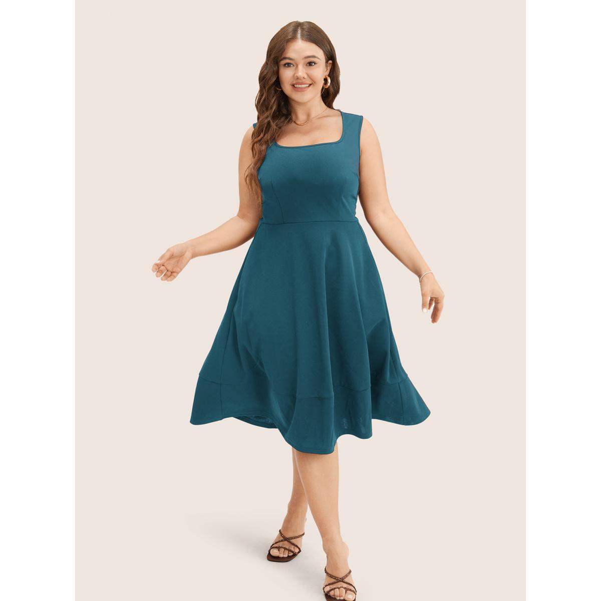 Plus Size Solid Pocket Sleeveless Ruffle Hem Tank Dress Aegean Women Workwear Essentials Non Round Neck Sleeveless Curvy Midi Dress BloomChic 26/4X Product Image