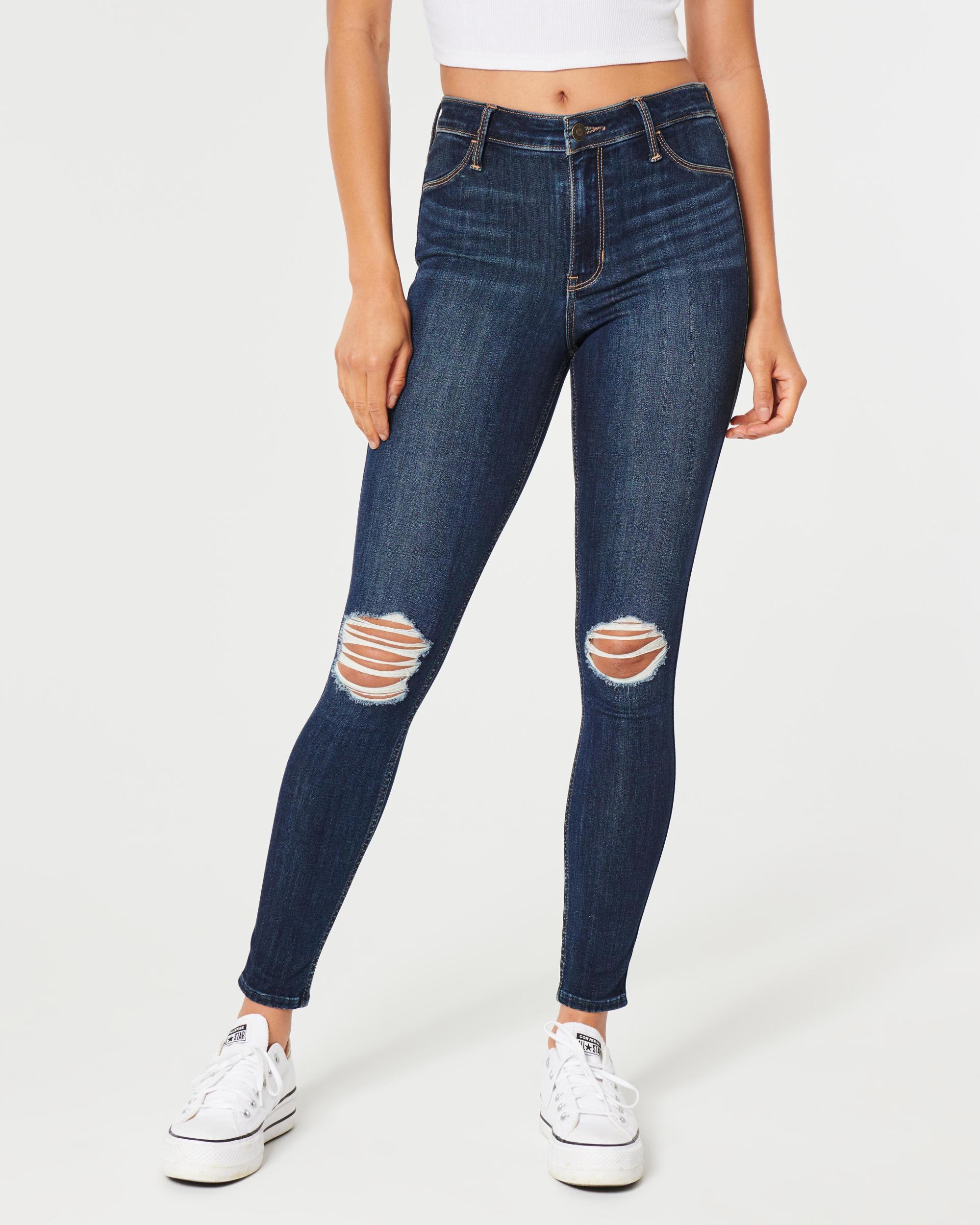 High-Rise Ripped Dark Wash Jean Leggings Product Image
