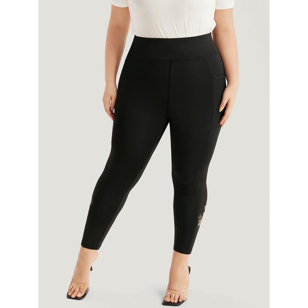 Plus Size Plain Pocket Wideband Waist Floral Print Leggings Women Black Elegant High stretch Skinny High Rise Dailywear Leggings BloomChic 22-24/3X Product Image