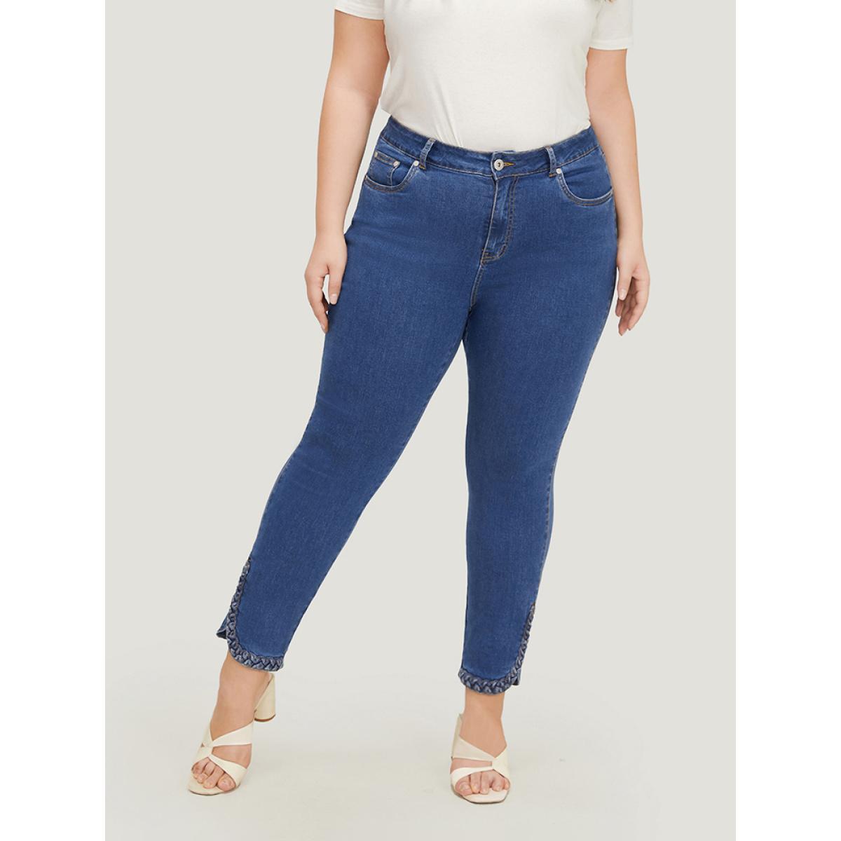 Plus Size Split Arc Hem Medium Wash Jeans Women Blue Casual Plain Arc Hem High stretch Pocket Jeans BloomChic 16/1X Product Image