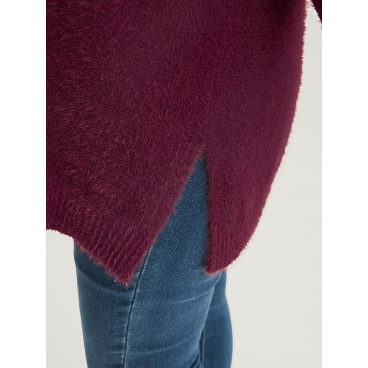 Plus Size Solid Super Soft Plush Knit Split Hem Heather Knit Top Eggplant Women Elegant Loose Long Sleeve Deep V-neck Dailywear Pullovers BloomChic 18-20/2X Product Image