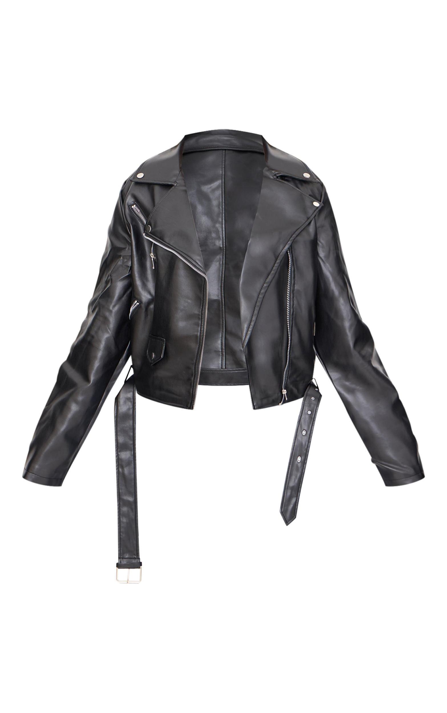 Plus Black Faux Leather Zip Detail Biker Jacket Product Image