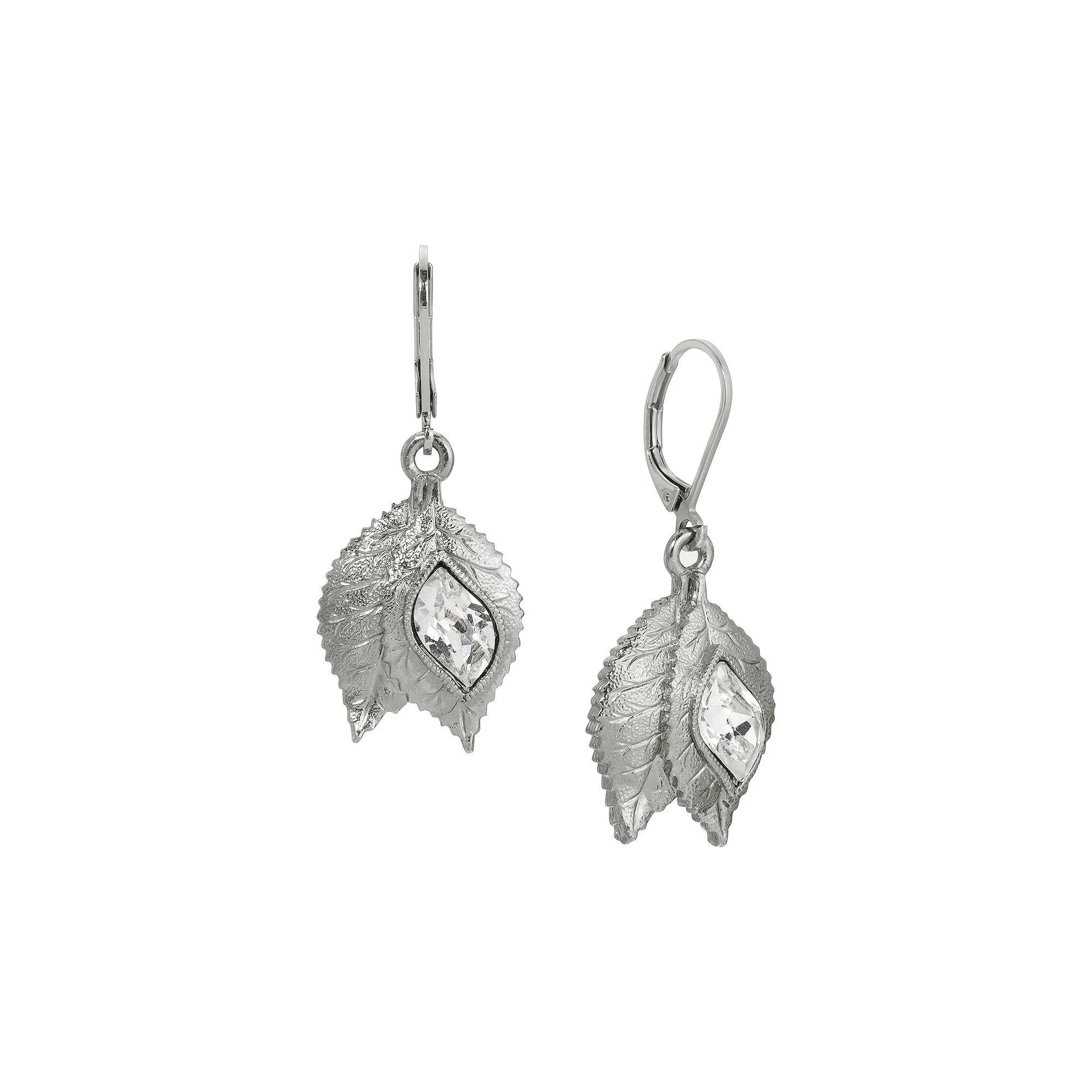 1928 Crystal Leaf Leverback Earrings, Womens, Slv White Product Image
