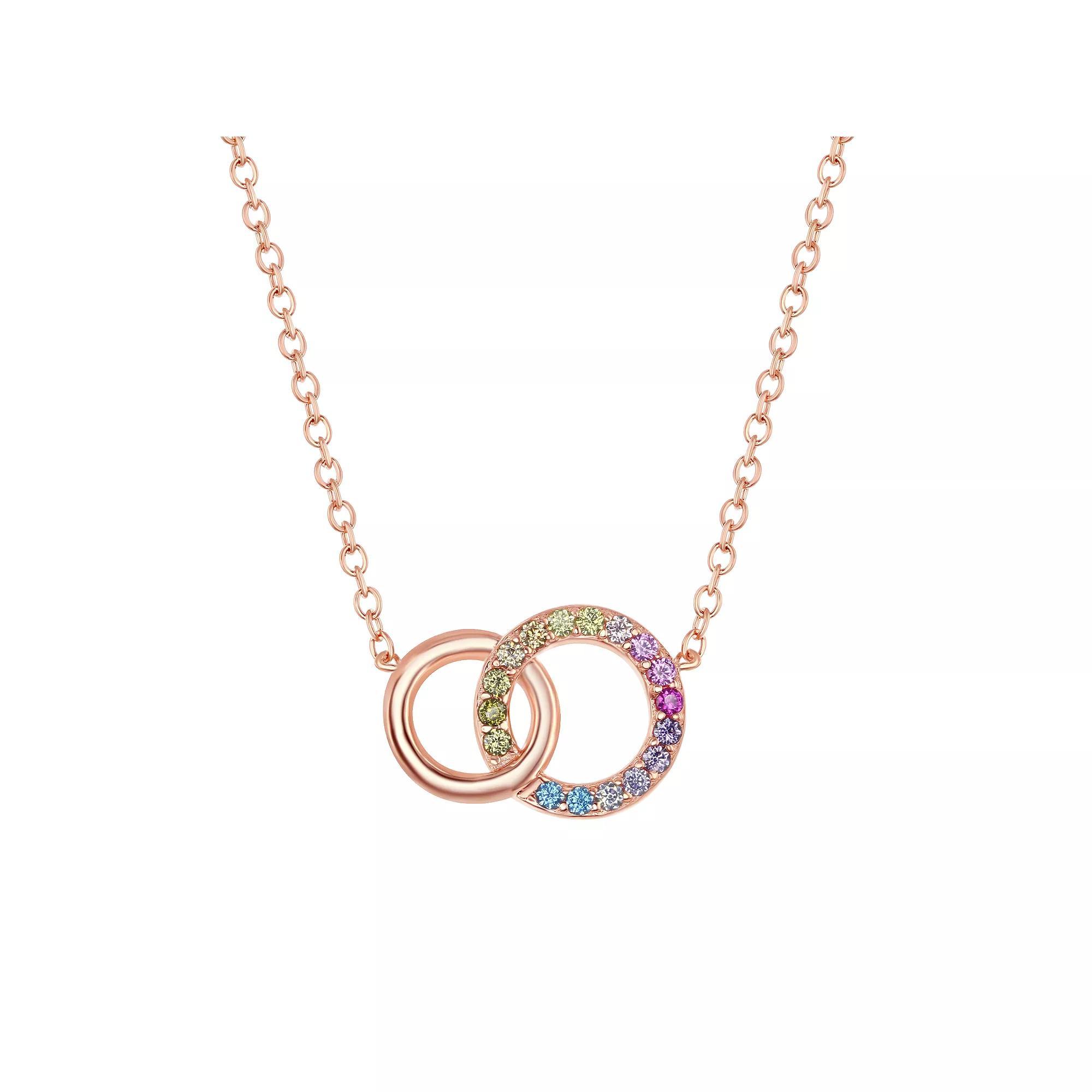 Sterling Silver Rainbow Cubic Zirconia Double Circle Necklace, Women's, Size: 16-18" ADJ, 14k Gold Plated Product Image
