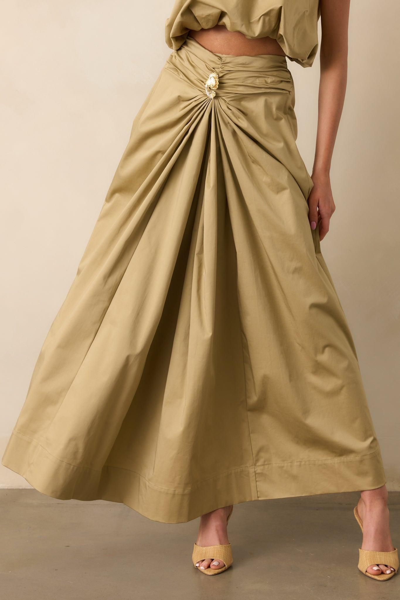 Get My Good Side Tan Ruched Drape Maxi Skirt Product Image