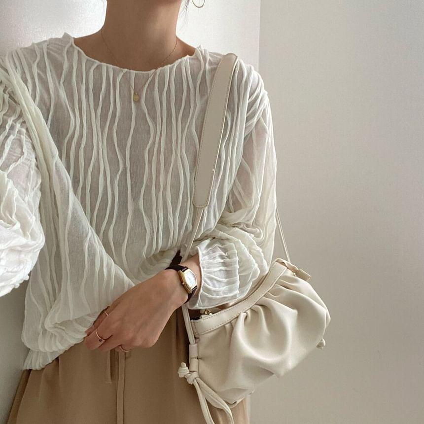 Long-Sleeve Crew Neck Plain Textured Sheer Blouse Product Image