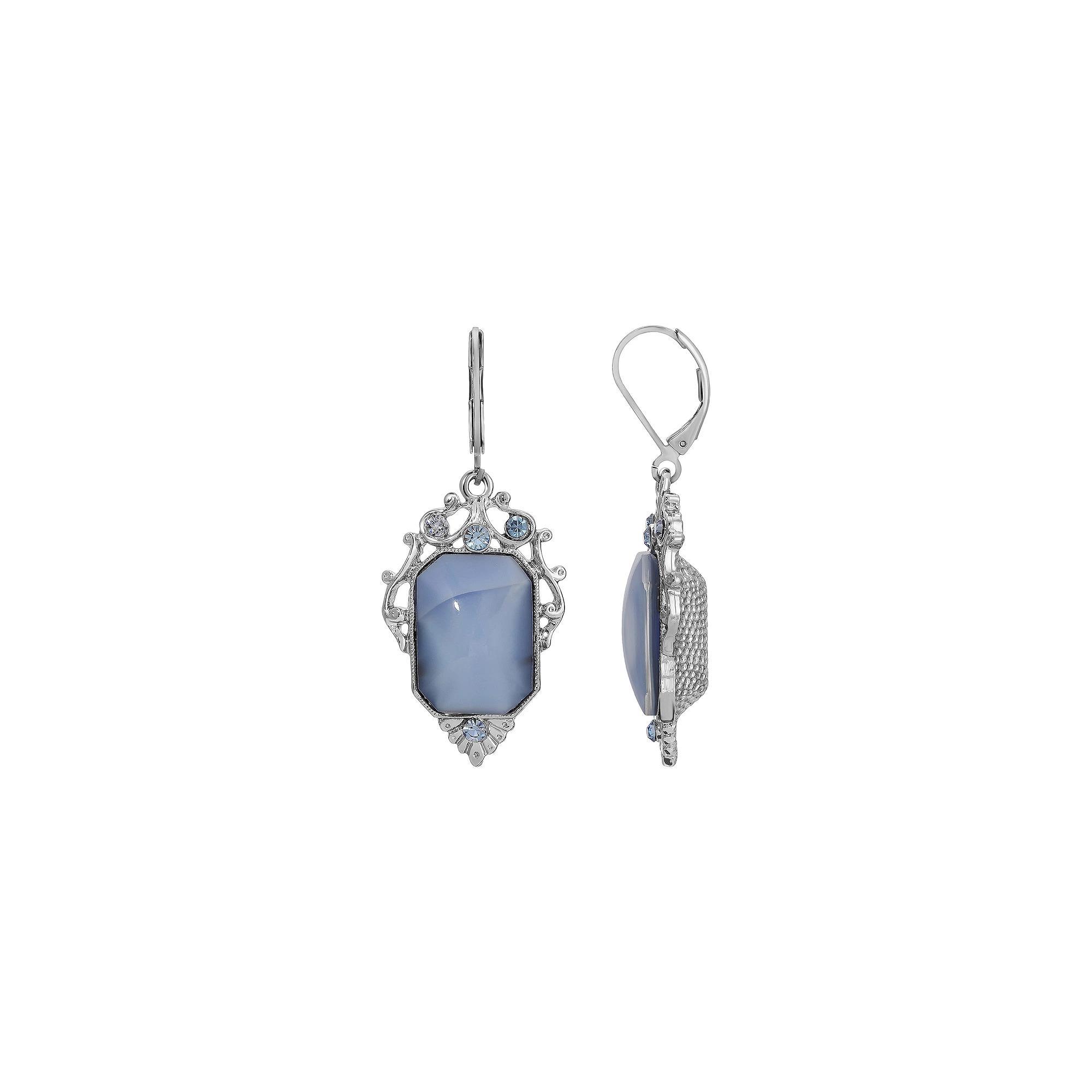 1928 Silver Tone Blue Crystal Rectangular Drop Earrings, Womens Product Image