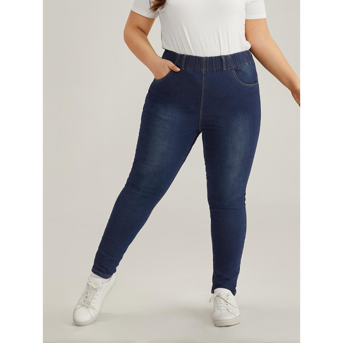 Plus Size Elastic Waist High Rise Skinny Jeans Women DarkBlue Casual Plain Non High stretch Slanted pocket Jeans BloomChic 28/5X Product Image