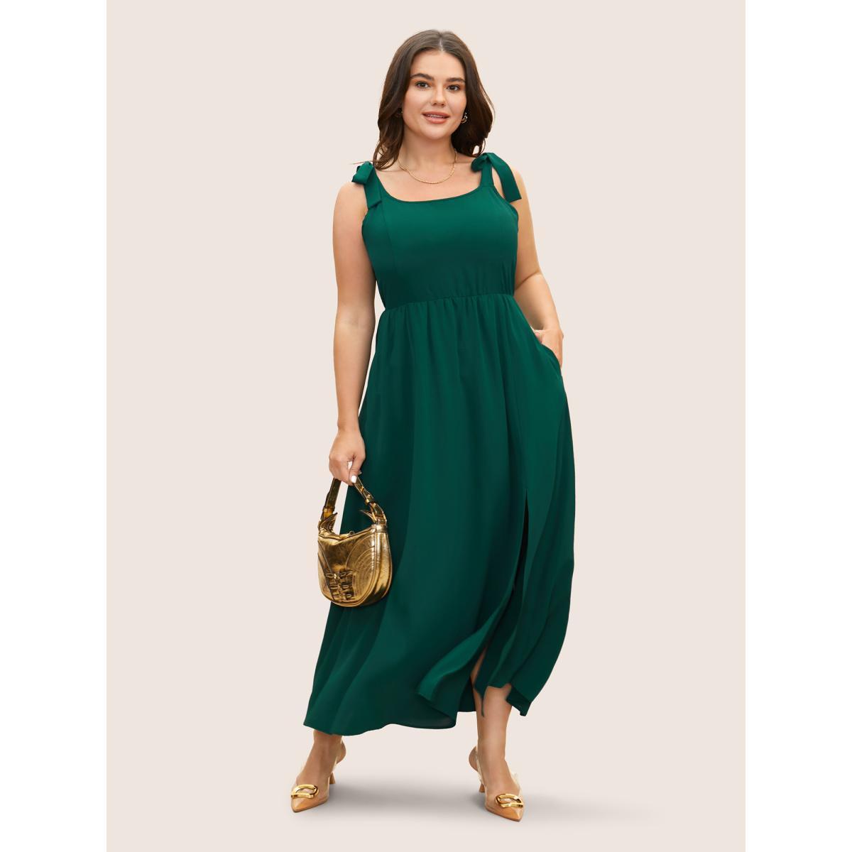 Plus Size Solid Tie Knot Slit Hem Dress DarkGreen Women Formal Tie knot Square Neck Sleeveless Curvy BloomChic 22-24/3X Product Image