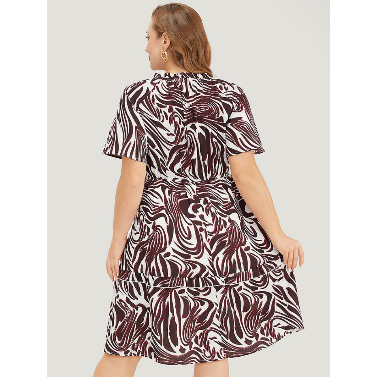 Plus Size Zebra Print Frill Trim Pocket Ruffle Sleeve Dress Multicolor Women Elegant Contrast V-neck Short sleeve Curvy Knee Dress BloomChic 12/L Product Image
