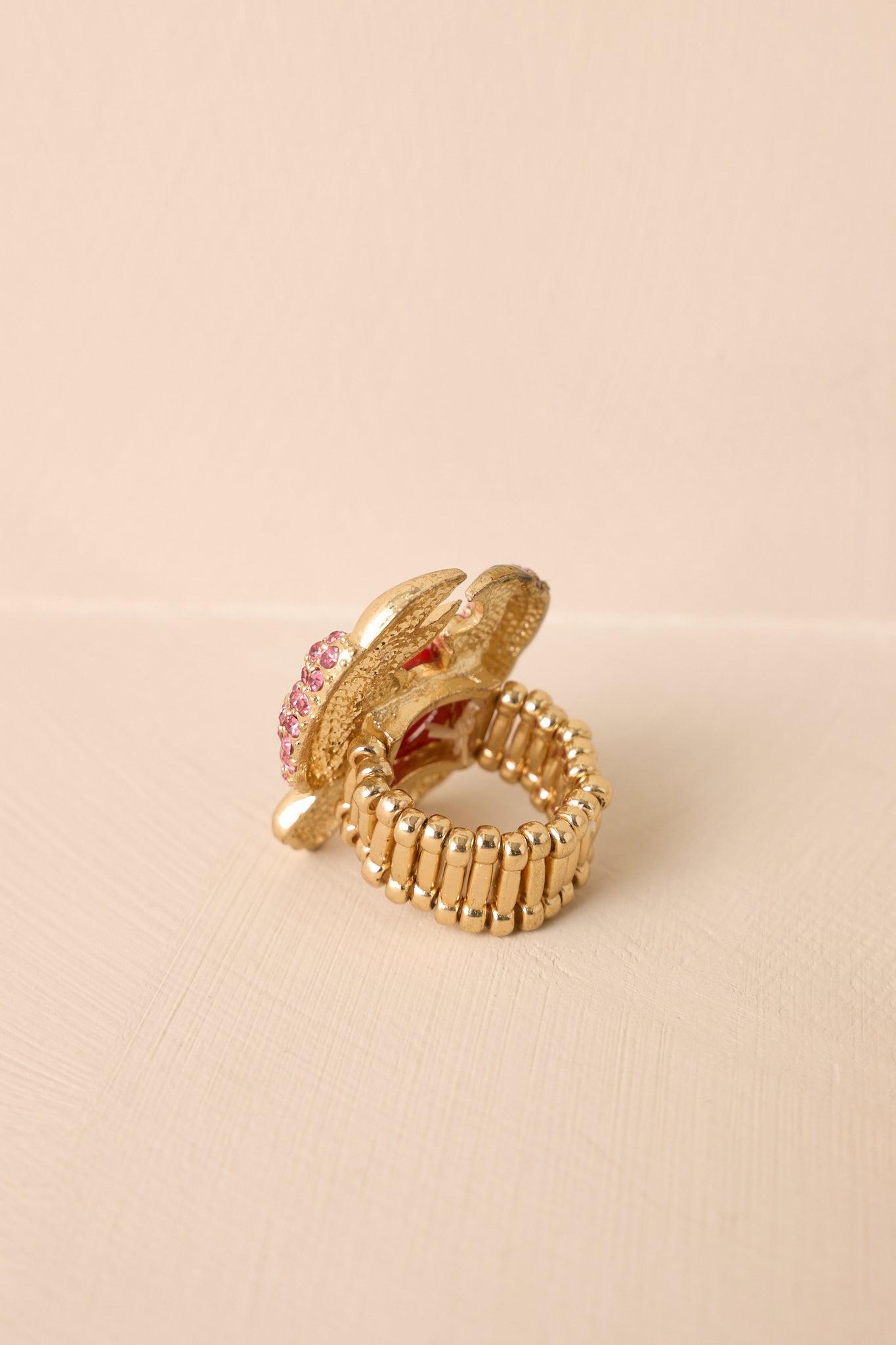 Cocktails By The Pool Pink Coral Rhinestone Stretch Ring Product Image
