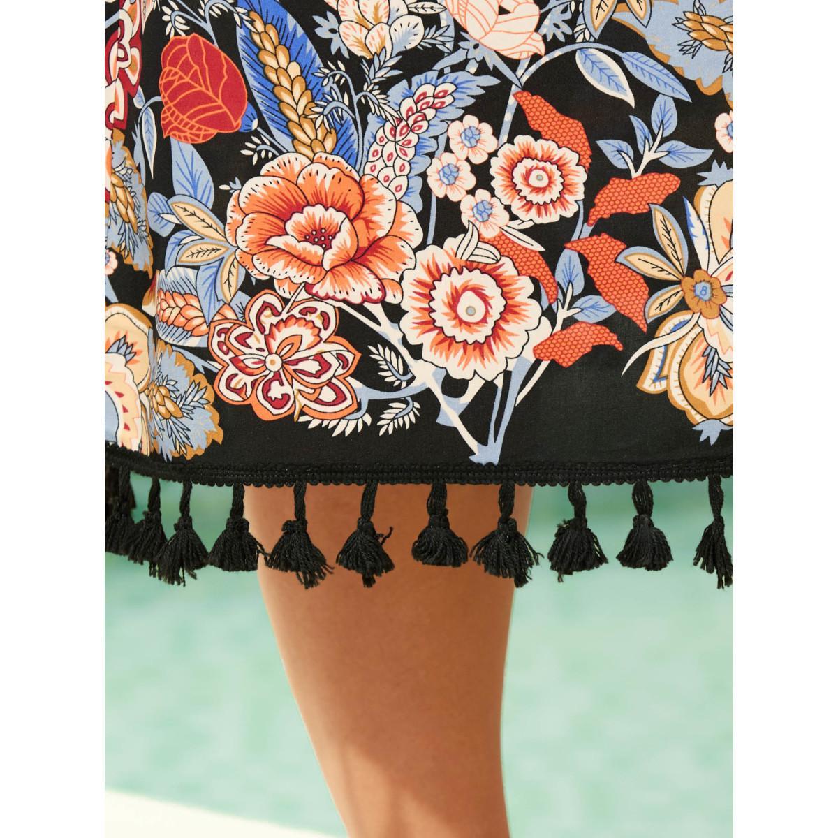 Plus Size Romantic Floral Print Vacation Kimono Cardigan Women Black Resort Tie knot Loose Vacation Kimonos BloomChic 28/5X Product Image