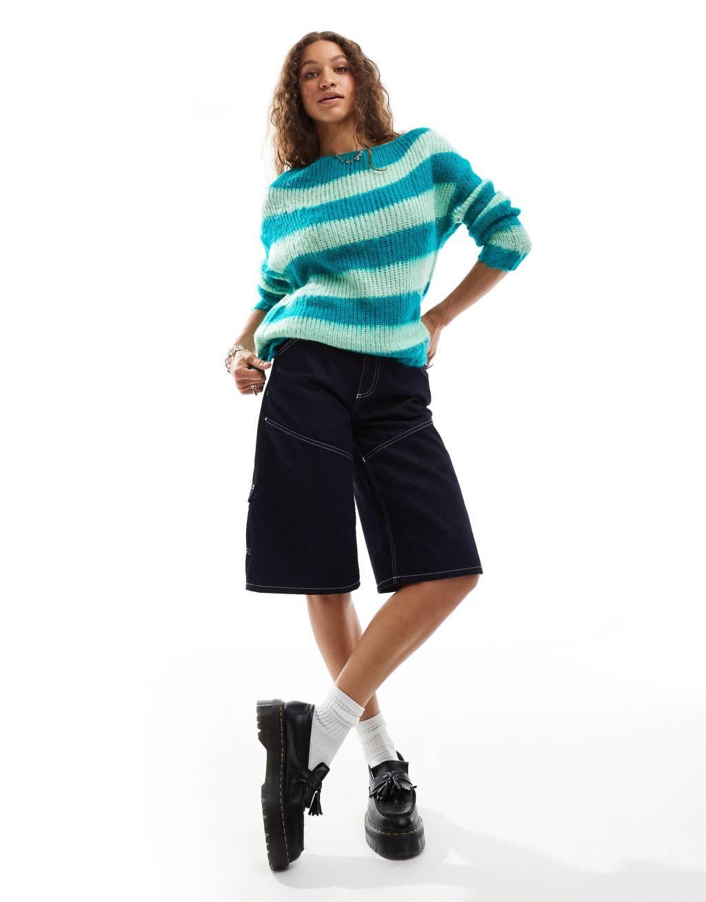 Daisy Street tonal greens chunky stripe brushed knit sweater Product Image
