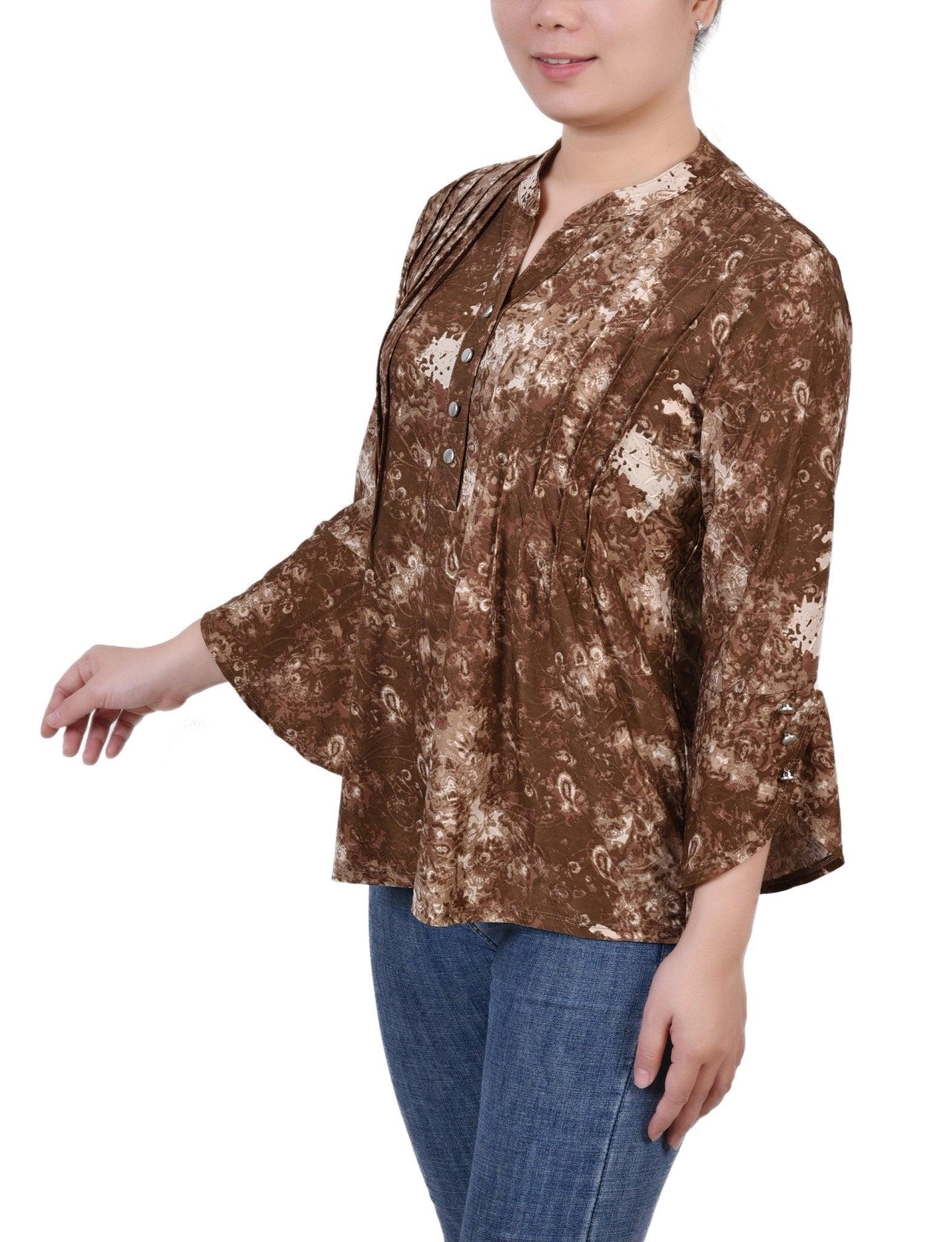 Taupe Geobreeze 3/4 Sleeve Overlapped Bell Sleeve Y Neck Top - Petite Product Image