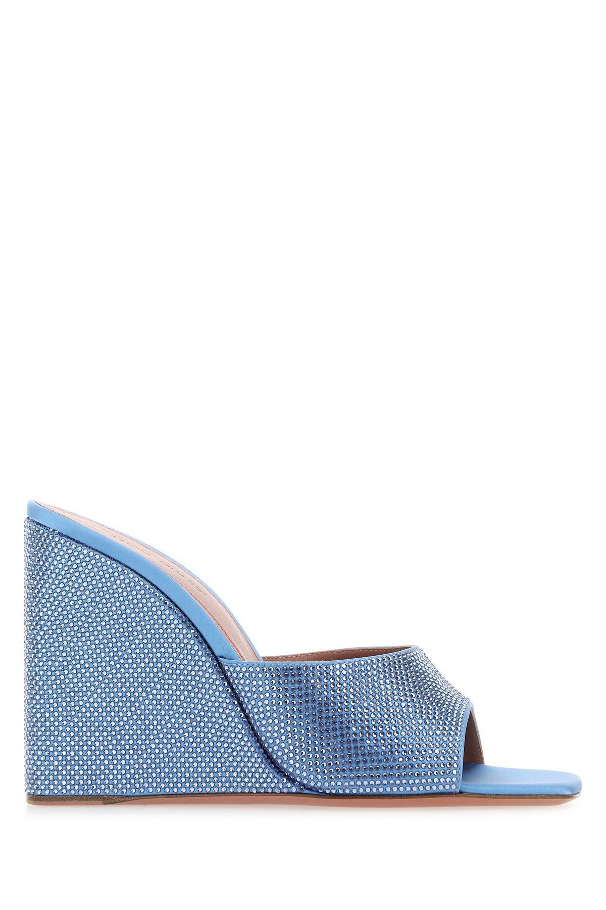 AMINA MUADDI Lupita 95 Silk-satin Wedge Mules In Blue Product Image