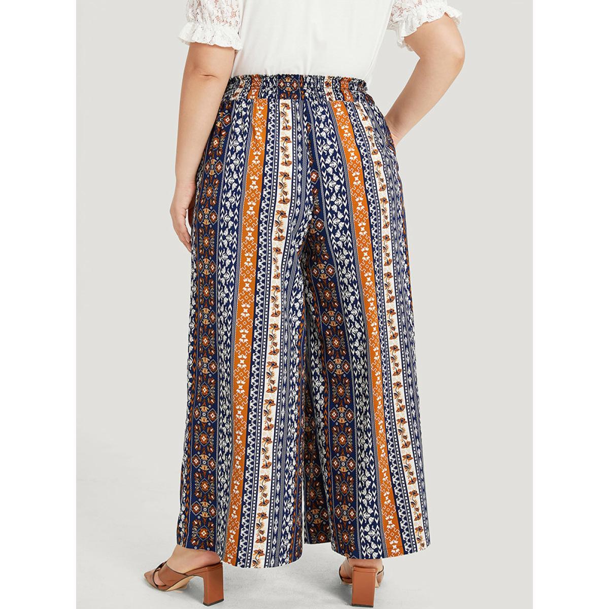 Plus Size Boho Print Shirred Pocket Elastic Waist Pants Women Indigo Resort Wide Leg High Rise Vacation Pants BloomChic 12/L Product Image