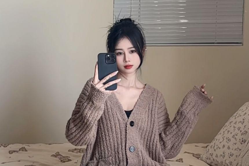 Pajama Set: V-Neck Plain Ribbed Cardigan + Straight Leg Pants Product Image