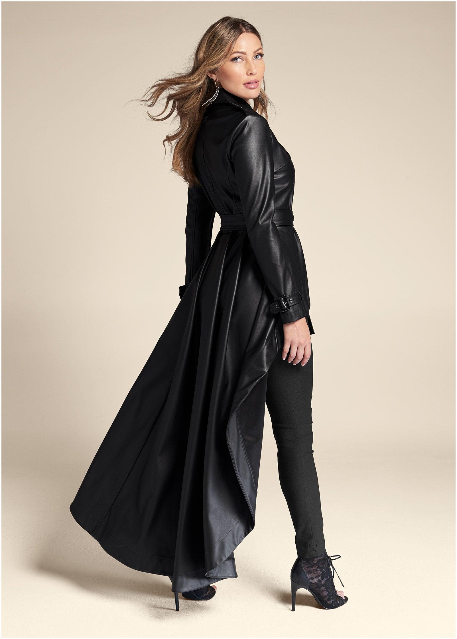 High-Low Faux-Leather Coat - Black Product Image