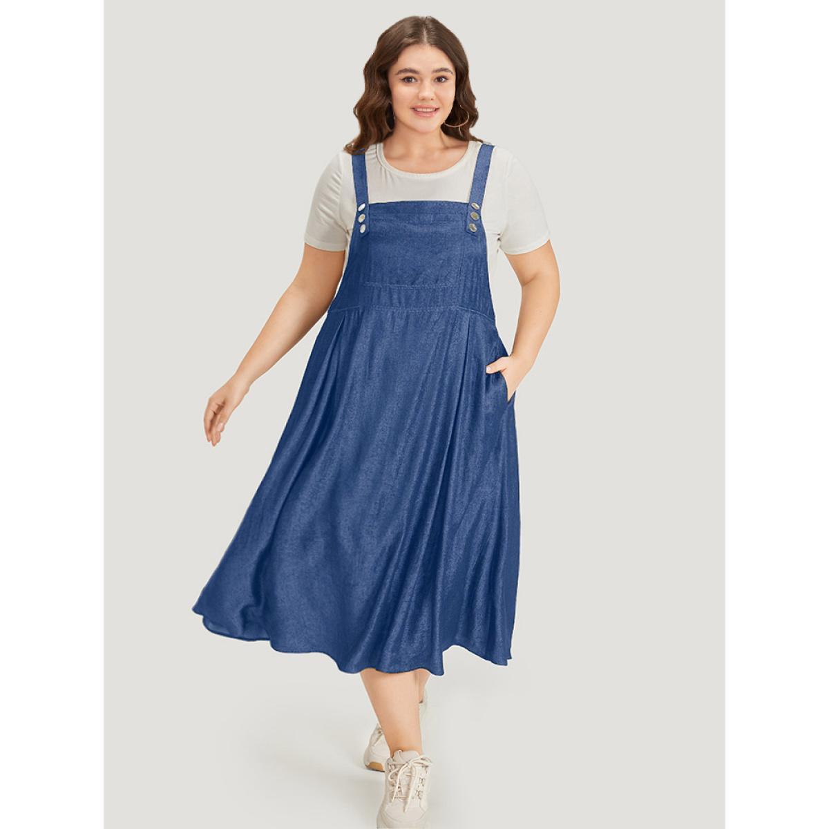 Plus Size Solid Sleeveless Gathered Pocket Overall Midi Dress Blue Women Casual Adjustable Straps Spaghetti Strap Sleeveless Curvy Midi Dress BloomChic 14-16/1X Product Image