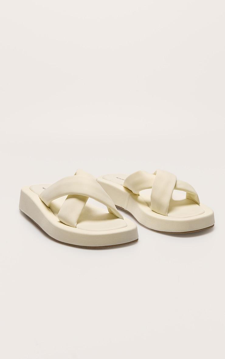 Cream Stretch Lycra Square Toe Criss Cross Strap Flatform Sandals Product Image